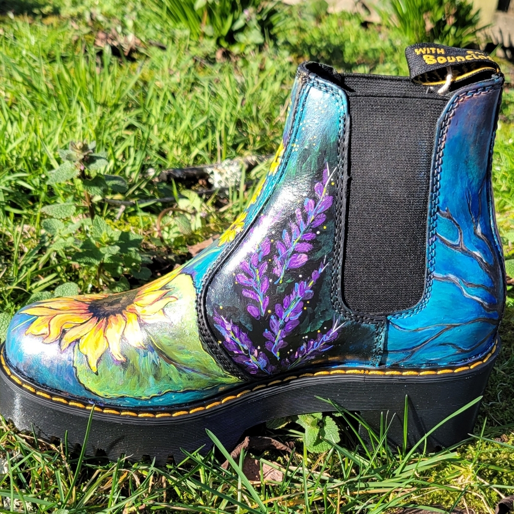 Handpainted Doc Marten Chelsea Platform Boots Sunflower Design One of a Kind! - Picture 7 of 16